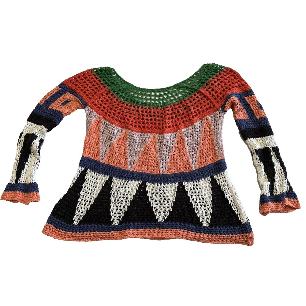 Free People Crochet Knit Sweater Women's Medium Boho Colorblock Open Weave - Picture 2 of 4